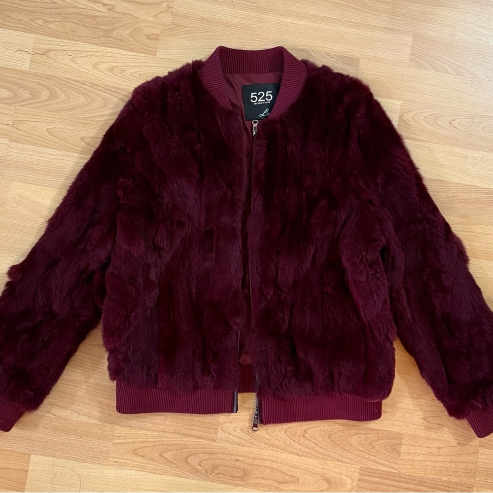 525 America Deep Red 100% Real Dyed Rabbit Fur Teddy Jacket, Size M